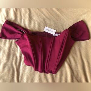 Off shoulder corset crop top in burgundy